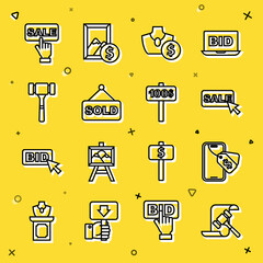 Set line Auction hammer, Online auction, Price tag with Sale, jewelry sale, sold, and Hand holding paddle icon. Vector