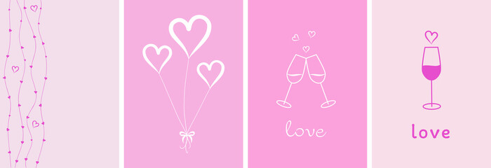 set of four pink valentines, cake, ring, love symbols on a delicate background, minimalism, flat vector graphics, sketch, place for text, valentines day greeting card, vector