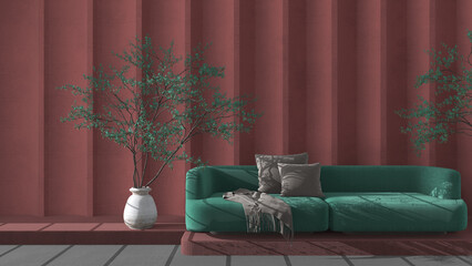 Red and turquoise concrete molded plaster wall in modern luxury living room with sofa and potted tree. Cozy background with copy space. Relax showcase, interior design concept idea
