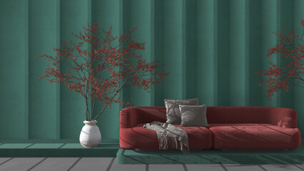 Turquoise and red concrete molded plaster wall in modern luxury living room with sofa and potted tree. Cozy background with copy space. Relax showcase, interior design concept idea