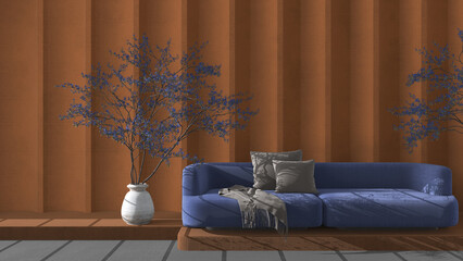 Orange and blue concrete molded plaster wall in modern luxury living room with sofa and potted tree. Cozy background with copy space. Relax showcase, interior design concept idea
