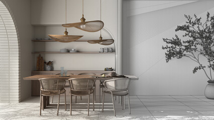Architect interior designer concept: hand-drawn draft unfinished project that becomes real, dining room in country apartment, table, chairs. Design background with copy space