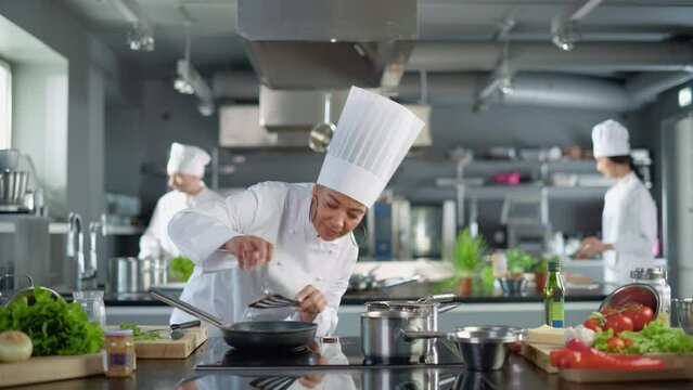 Restaurant Kitchen: Black Female Chef Cooking Delicious and Traditional Authentic Food, Uses Oil on Pan Getting Ready to Fry Organic Free Range Meat Patty. Preparing gourmet Dishes. Wide Shot