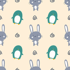 Seamless cute rabbit and penguin pattern background.