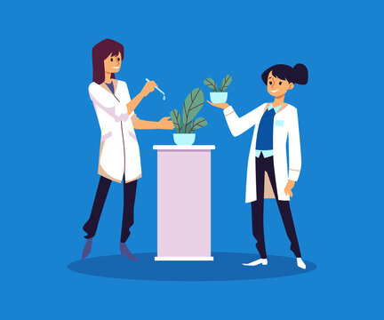 Scientists work on laboratory grown plants, flat vector illustration isolated.