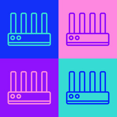 Pop art line Router and wi-fi signal icon isolated on color background. Wireless ethernet modem router. Computer technology internet. Vector