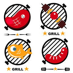 Grill set with steak, sausages, fish and vegetables on skewers.Symbol of a grilled steak.