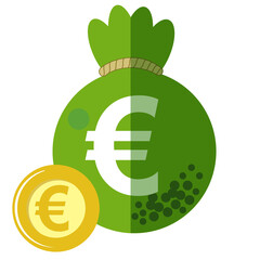Bag of money and gold coins. Euro and gold coins in a green bag on a white background.