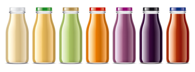Set of Glass Bottles with non-transparent Juices. 