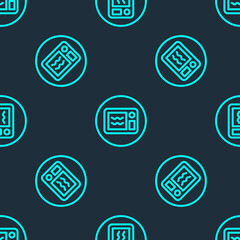 Fototapeta premium Green line Microwave oven icon isolated seamless pattern on blue background. Home appliances icon. Can be heated in microwave. Vector
