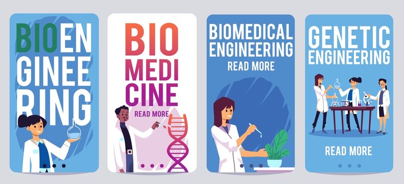 Biomedicine and bioengineering banners or posters flat vector illustration.