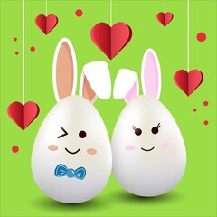 Easter bunnies, couple in love. Decorative card with hearts on a green background. Vector illustration