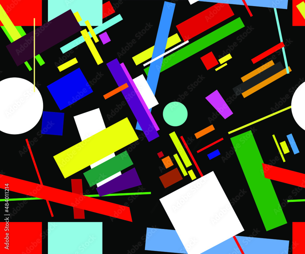 Poster suprematist colorful seamless vector pattern of geometrical shapes on black background.