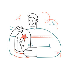 Vector hand drawn business concept illustration about premium quality and best product. Man looks at glass case with star in it. Good for any web content, sites, apps and landing pages.