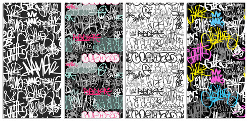 Colorful graffiti hip-hop tags with street art seamless pattern set - vector background. Doodle style endless background for print fabric and textile design. Spray paint graffiti tags	 - obrazy, fototapety, plakaty