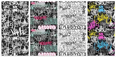  Colorful graffiti hip-hop tags with street art seamless pattern set - vector background. Doodle style endless background for print fabric and textile design. Spray paint graffiti tags  © VRTX
