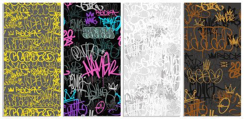 Colorful graffiti hip-hop tags with street art seamless pattern set - vector background. Doodle style endless background for print fabric and textile design. Spray paint graffiti tags	 - obrazy, fototapety, plakaty