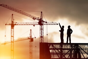 Silhouette of Engineer and worker on building construction site at sunset in evening time.