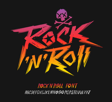 Rock'n'roll vintage print design grunge style font alphabet - editable vector template. Set of Rock n roll doodle style symbols collection for print stump tee and poster design. Rock music type font