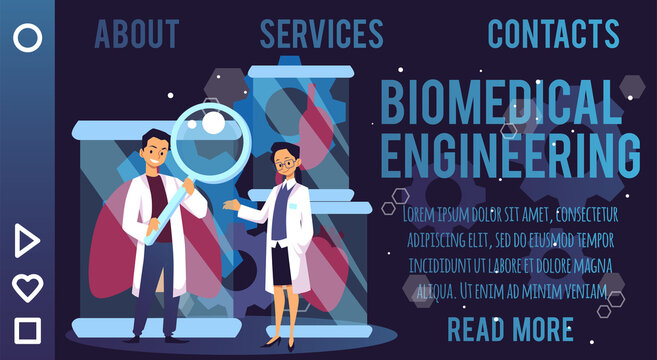 Biomedical engineering website banner layout, cartoon flat vector illustration.