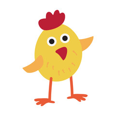 Yellow Chiken for easter design. Cute chick character in cartoon naive style