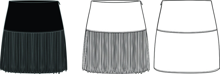 Vector mini skirt fashion CAD, woman fringe detailed skirt technical drawing, wrap skirt sketch, template. Jersey or woven fabric skirt with front, back view, white color