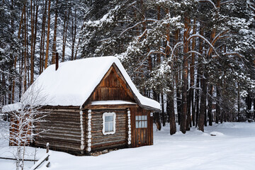 close shoot of a small country house in the middle of the forest by a country road. An old forester's house. Winter forest landscapes