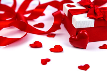 Background isolate with hearts and gift. Valentine's Day. Selective focus.