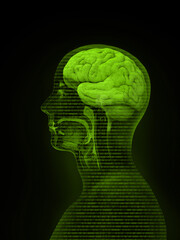 Obraz premium Machine learning. Artificial Intelligence. Technology background with a person's head consisting of bits and code programs.
