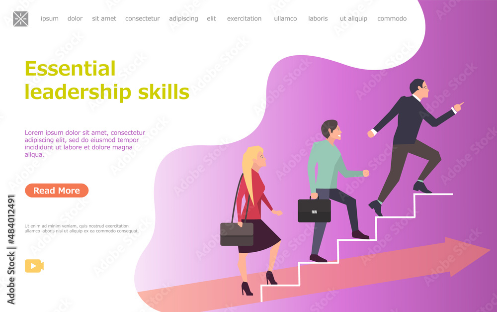 Poster path to success in business showing people running up ascending graph with team leader. essential le