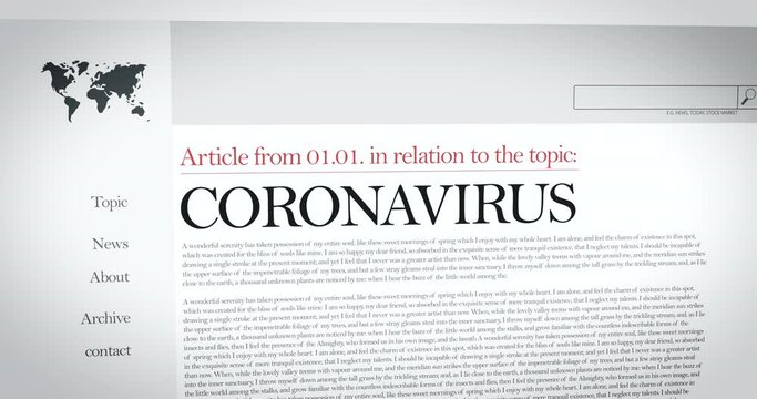 Coronavirus SARS CoV-2 headlines in the international press. Internet, TV, newspapers report on the worldwide pandemic