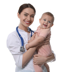Young pediatrician with cute little baby on white background