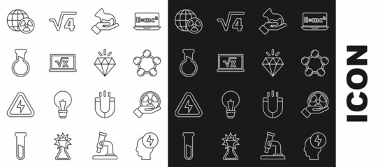 Set line Head and electric symbol, Radioactive, Molecule, Test tube flask, Square root of x glyph, Planet earth radiation and Diamond icon. Vector