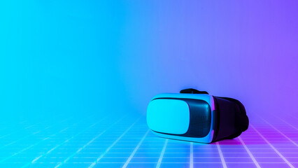 VR goggles virtual reality. 3d digital glasses on futuristic neon tech background. Augmented reality, game, future technology concept. VR.