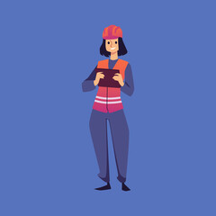 Smiling female character in uniform and helmet holds tablet, flat vector illustration isolated on blue background.