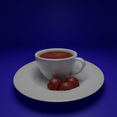 3d cup of cappuccino. 3d modeling cup with plate and chocolate.