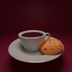 3d cup of coffee. 3d modeling cup with plate and cookies.
