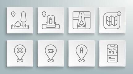 Set line Location with cross mark, fountain, coffee cup, City map navigation, Gps device, Infographic city and icon. Vector