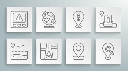 Set line Location with beach, Earth globe, Gps device map, Search location, Alcohol or beer bar, fountain and error icon. Vector