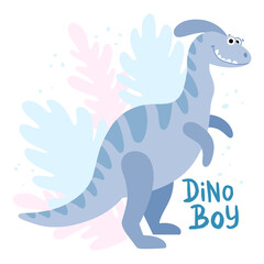Friendly dinosaur parasaurolophus. Children flat hand drawn style vector illustration. Cute smiling dino for kids book, games, posters.