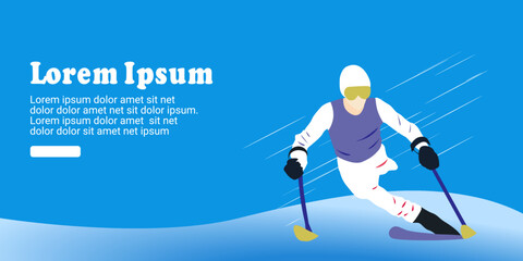 Fototapeta premium Ui design template with a faceless person skiing in the snow on a blue background. 