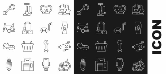 Set line Bicycle parking, pedals, Plaster on leg, punctured tire, lock, frame, rear view mirror and icon. Vector