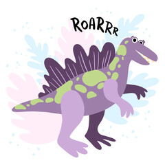 Friendly dinosaur spinosaurus. Children flat hand drawn style vector illustration. Cute smiling dino for kids book, games, posters.