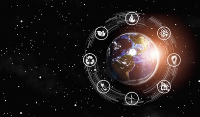 Concept of pass clean energy, sustainable environment protection earth globe to generation with energy resources icon.