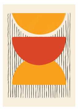 Minimalist 20s Bauhaus Style Abstract Compositions. Hand Painted Mid-Century Geometrical Wall Decoration.