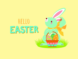 A cute Easter Bunny is holding a basket of Easter eggs. Poster, postcard - Hello Easter.