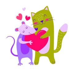 A pair of cute animals in love - a rat and a cat, holding a heart in their paws. Vector illustration