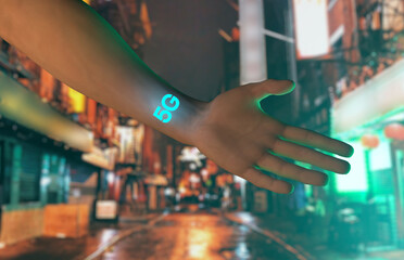 5G network icon on a human's hand stock photo