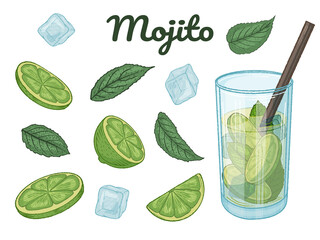 Set of hand drawn cocktail mojito, lime, mint and ice cubes. Vector illustration. Isolated on white.