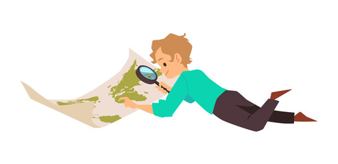 Little boy lies with world map and magnifying glass, flat vector illustration isolated on white background.